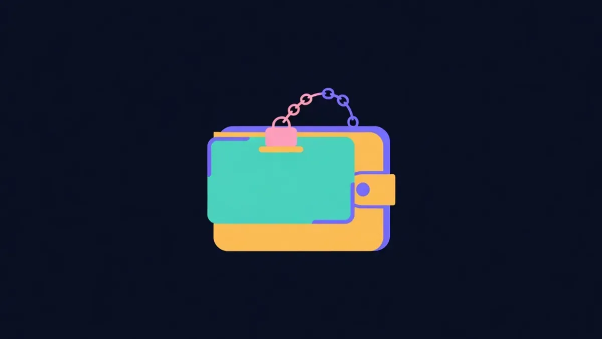 Name badge attached to a wallet by a small chain link