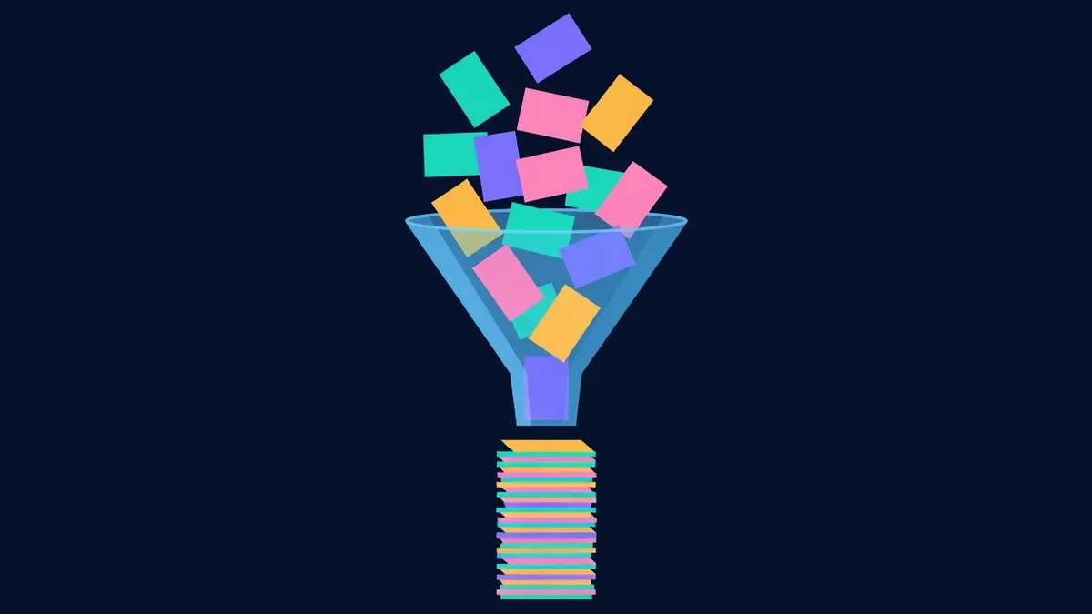 Funnel filtering colored cards into one neat stack