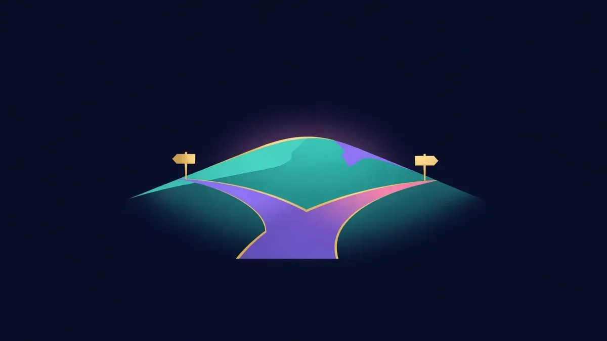 Two diverging paths with signposts under a dark sky
