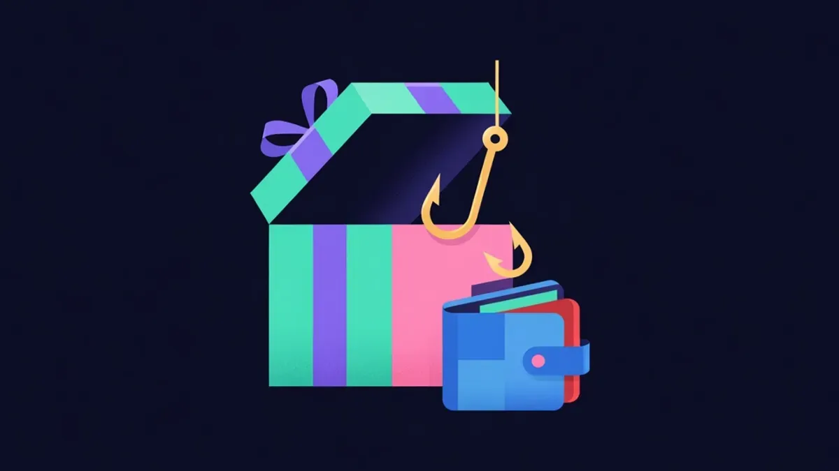 Gift box with a hidden fishing hook dropping into a wallet