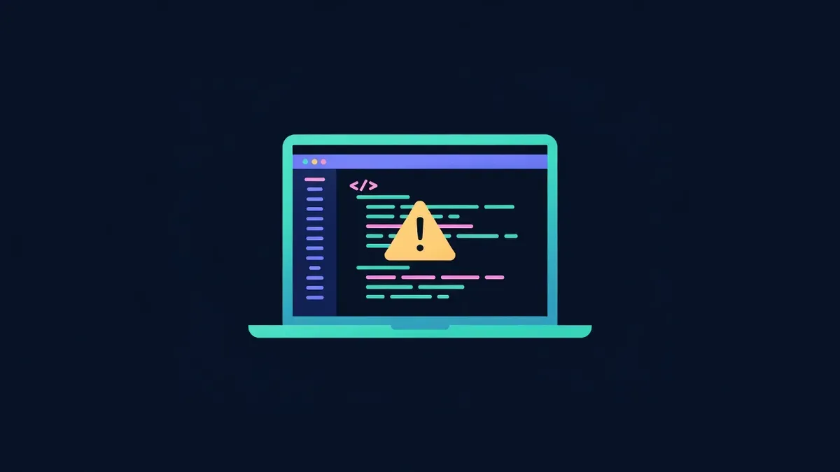 Laptop with a code window and a warning triangle