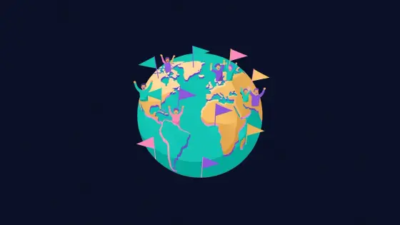 Colorful flags planted on a globe with small cheering figures