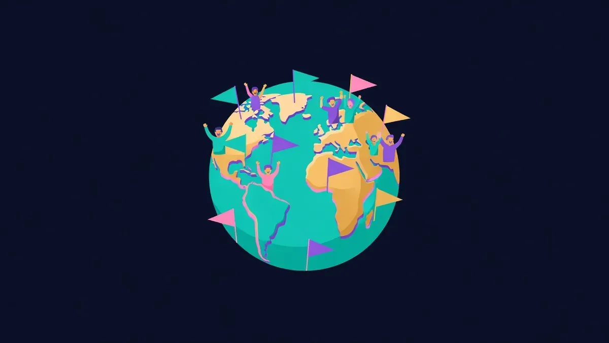 Colorful flags planted on a globe with small cheering figures