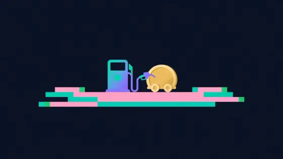 Small fuel pump filling a coin shaped car on a road of blocks