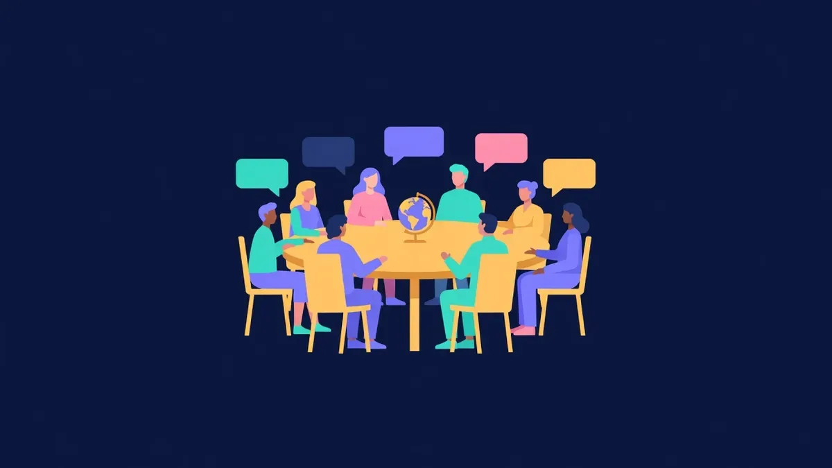 Diverse figures around a round table with colored speech bubbles and a globe