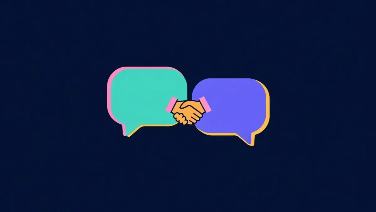 Two speech bubbles bridged by a handshake icon