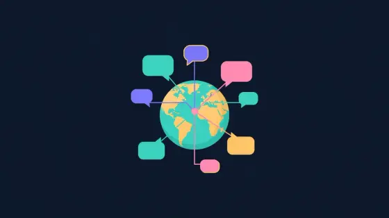 Colored speech bubbles connected to a central hub around a globe