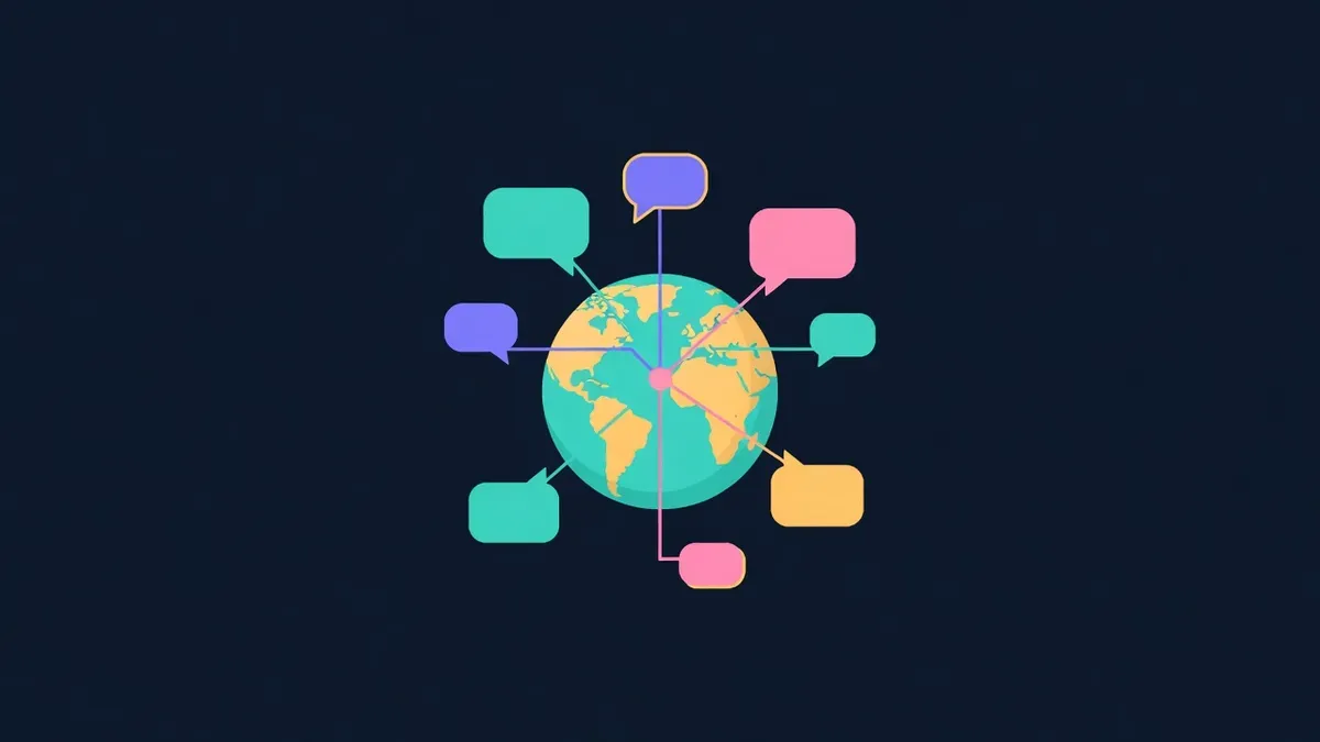 Colored speech bubbles connected to a central hub around a globe