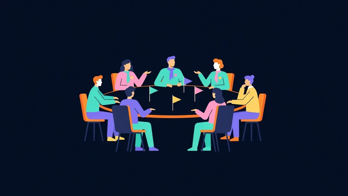 Moderators at a round table with small flags