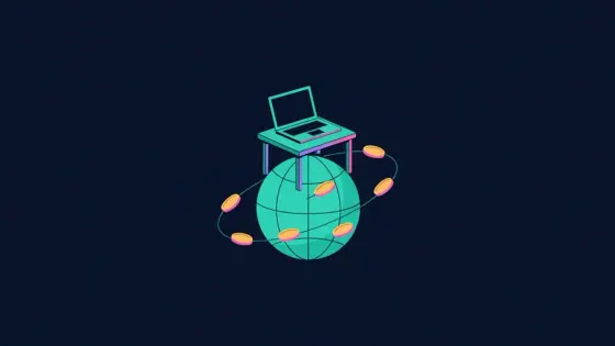 Laptop on a desk atop a globe with orbiting coins
