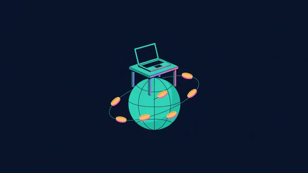 Laptop on a desk atop a globe with orbiting coins