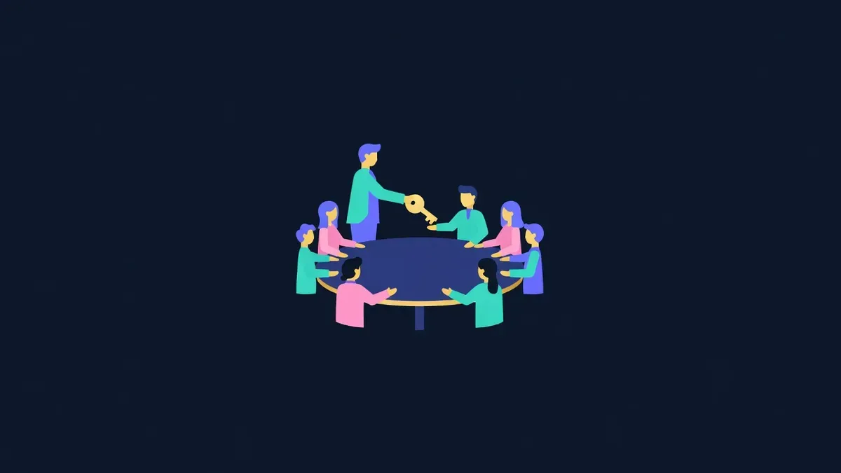 Key passed from one figure to a circle of figures at a round table