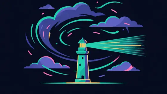 Lighthouse beam cutting through swirling storm clouds