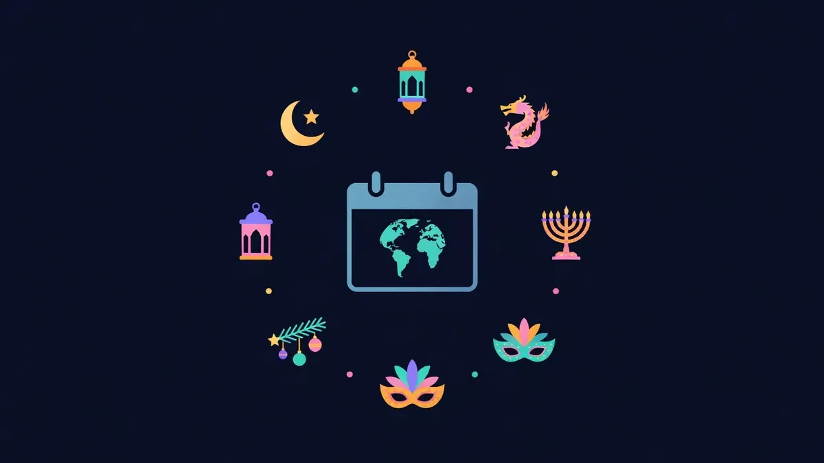 Calendar page with festive icons from different cultures around a globe