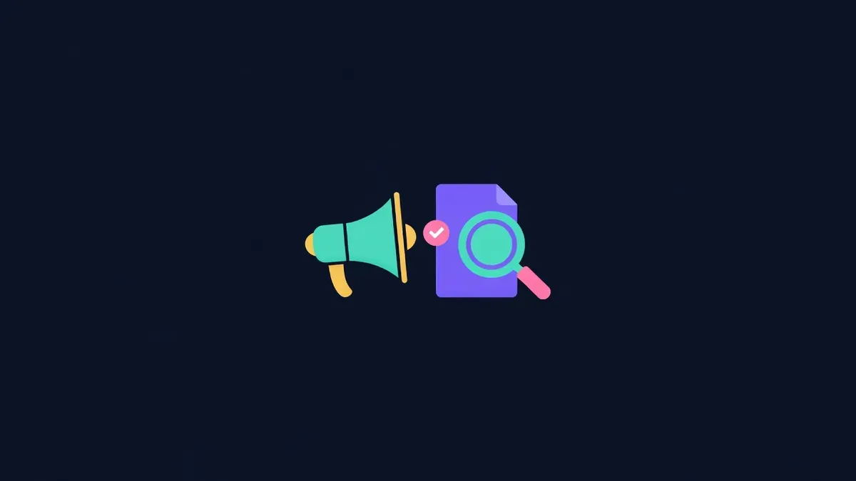 Megaphone with a checkmark badge beside a document under a magnifying glass