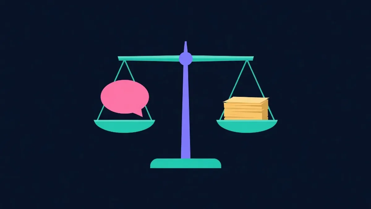 Scale balancing a speech bubble against evidence papers
