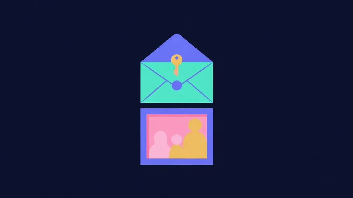 Sealed envelope with a key resting on a family photo frame