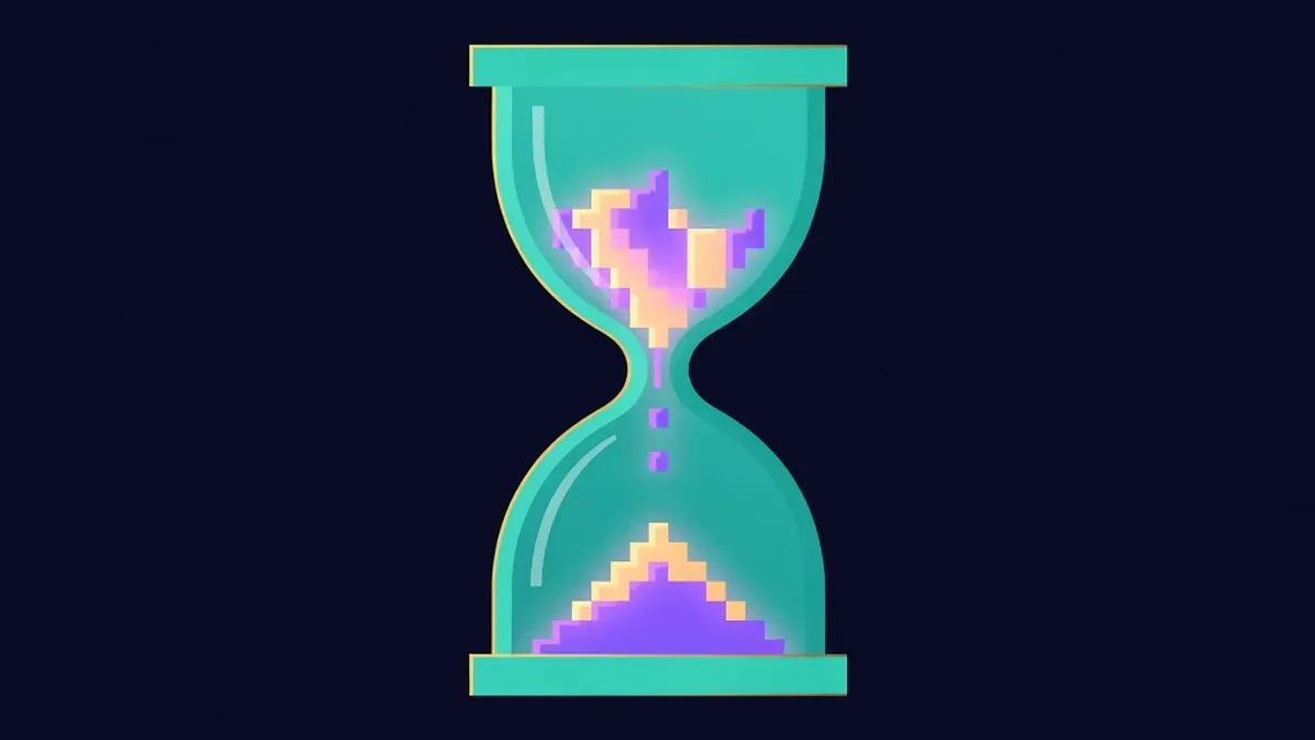 Hourglass filled with glowing pixel blocks instead of sand