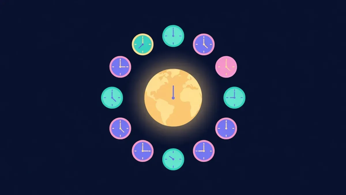 Ring of clocks showing different times around a globe