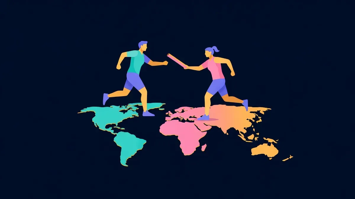 Relay baton passing between runners on different continents