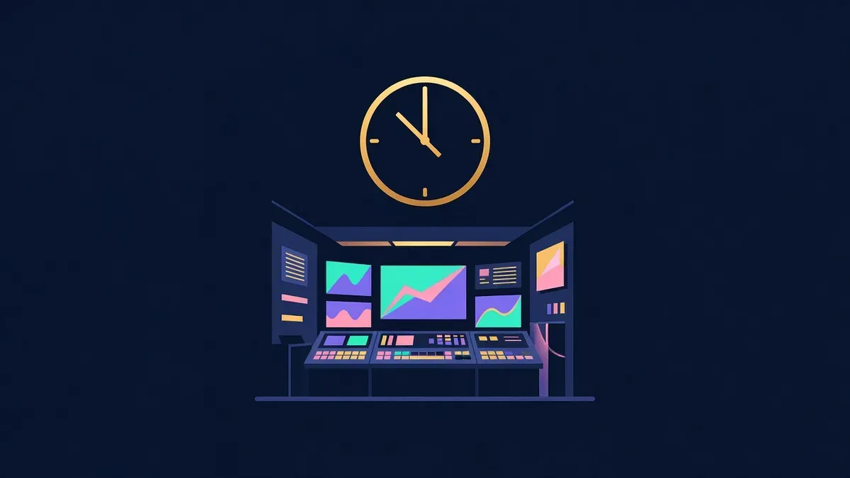 Control room with chart screens and a large clock