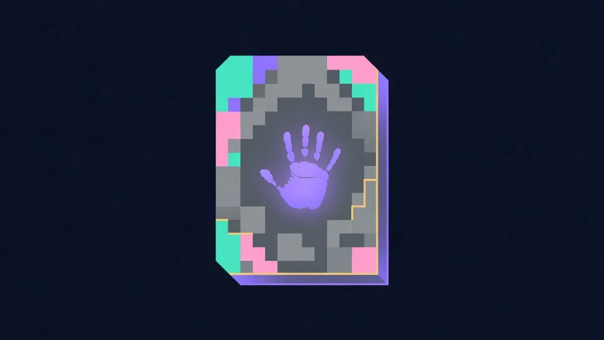 Glowing handprint on a stone tablet made of pixel blocks