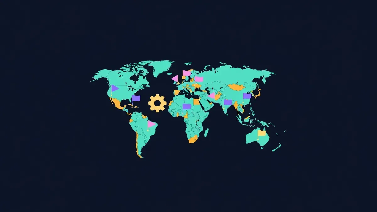World map with small flags and a gear icon