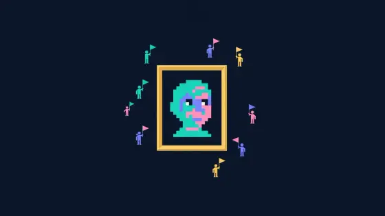 Framed pixel art portrait surrounded by small figures with flags