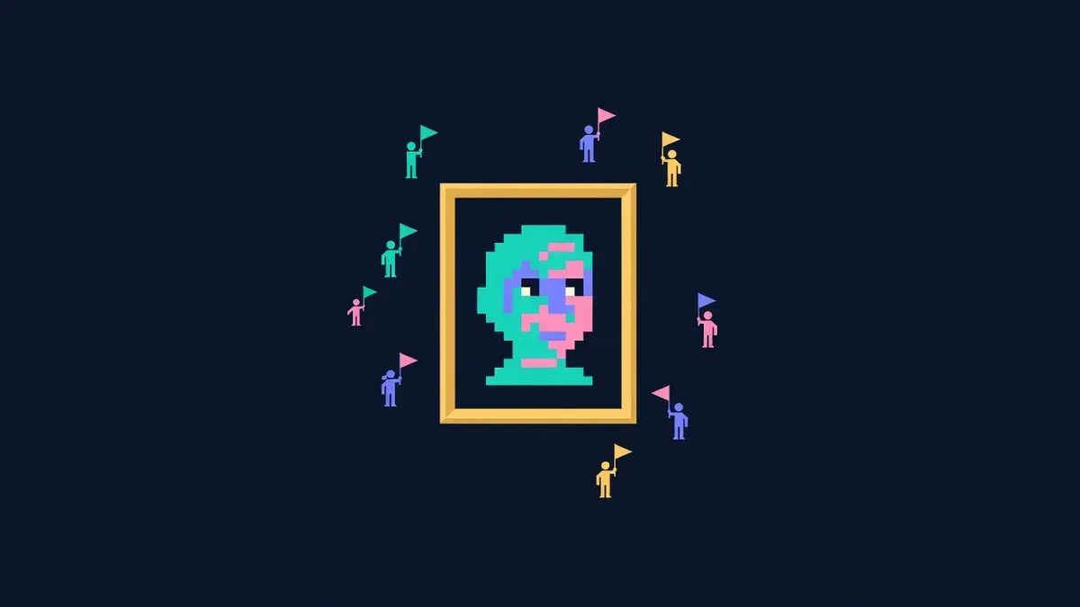 Framed pixel art portrait surrounded by small figures with flags