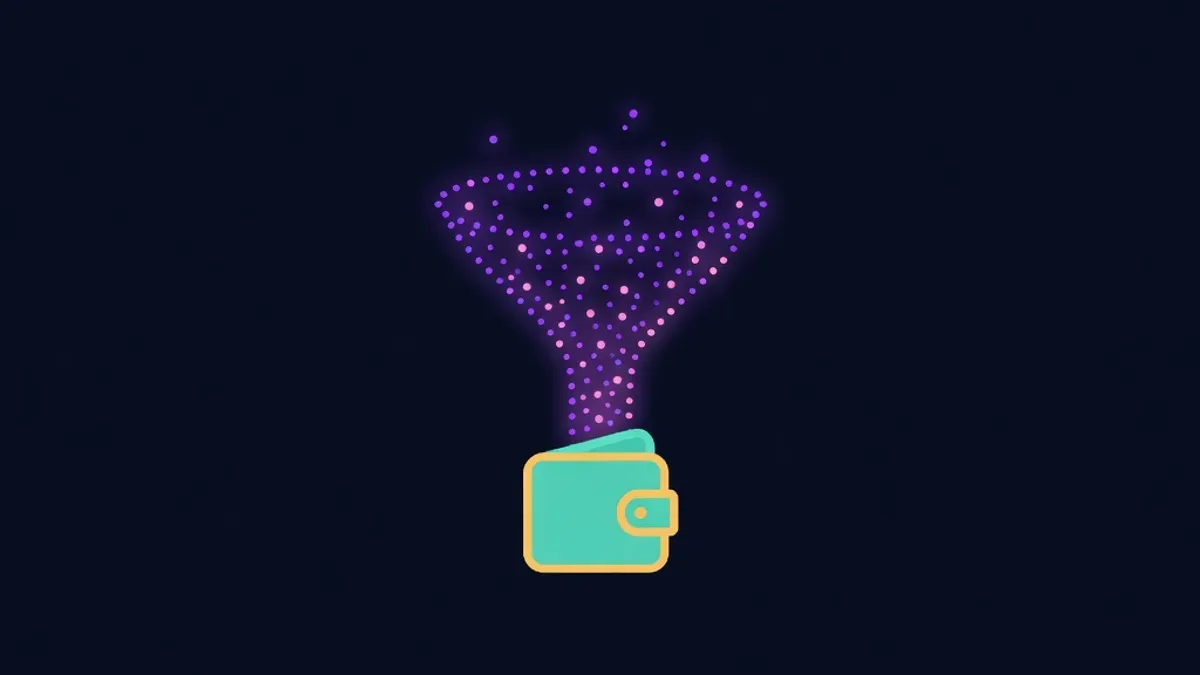 Funnel of glowing dots flowing into a wallet icon