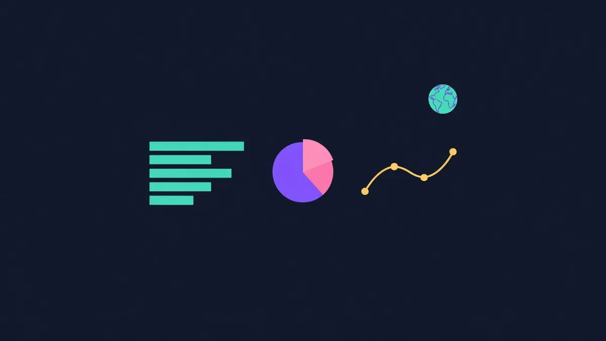 Simple dark dashboard with three charts and a globe icon