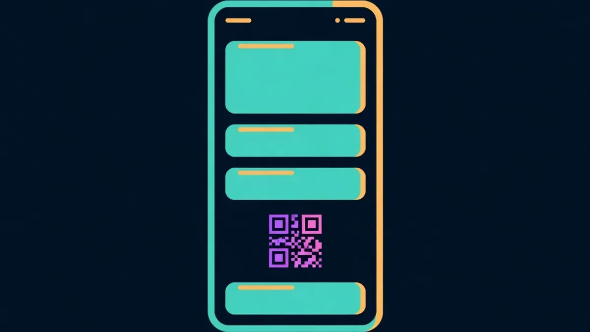 Phone screen with large buttons and a small QR code