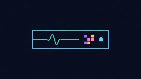 Control screen with a heartbeat line, block icons and a bell