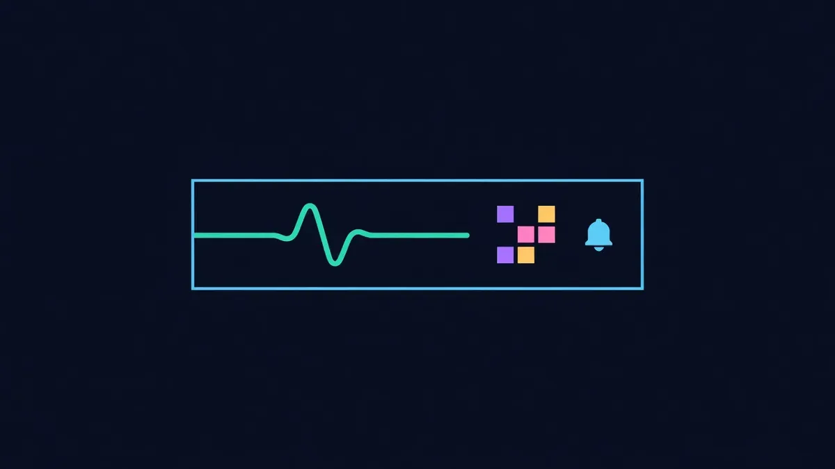 Control screen with a heartbeat line, block icons and a bell
