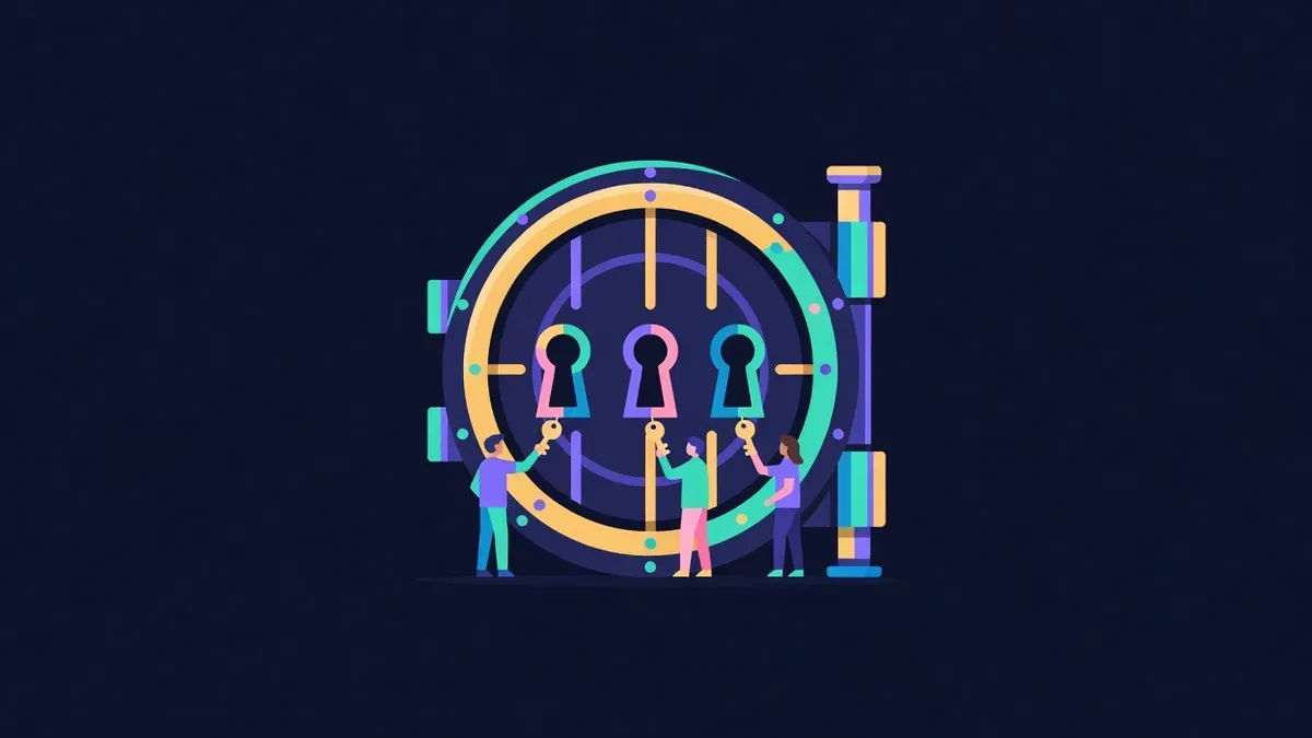Vault door with three keyholes and three figures holding keys