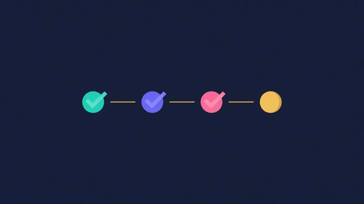 Approval flow with three checkmarks leading to a sent coin