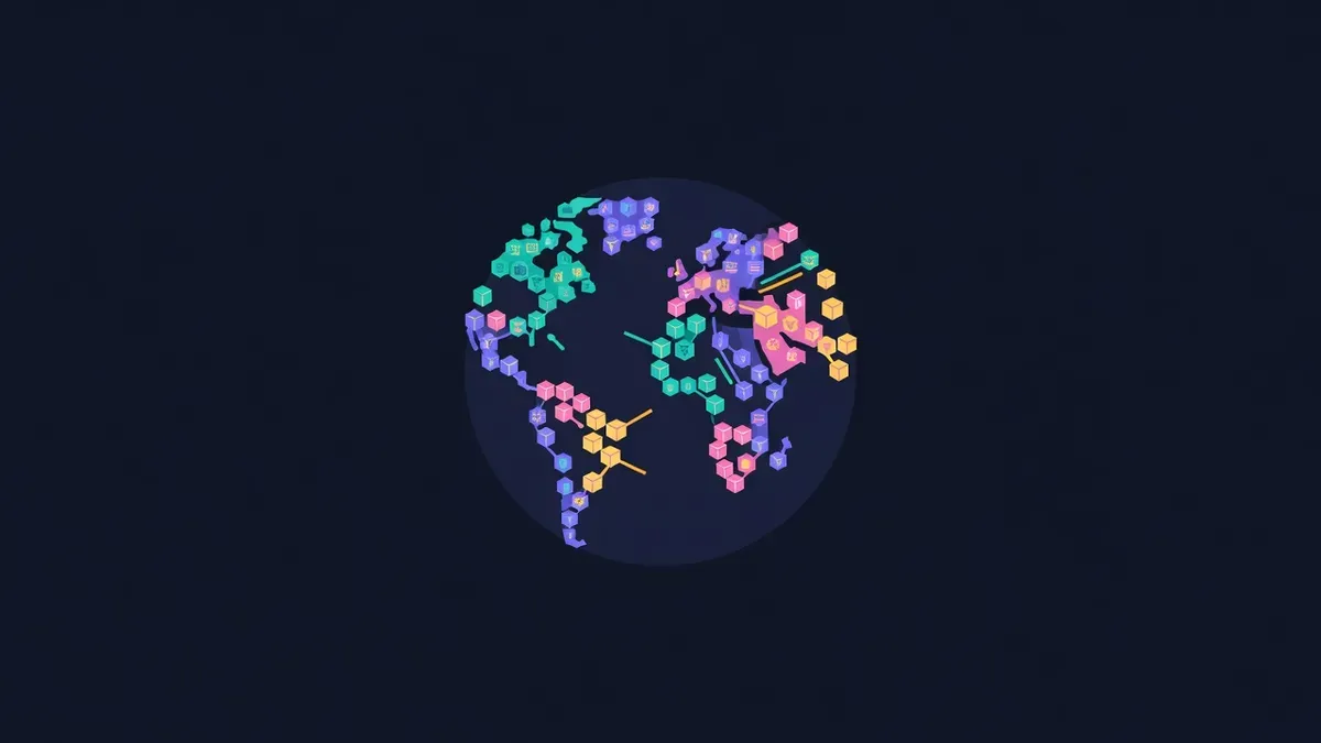 Globe covered in colored clusters of tiny project icons