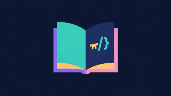 Open book with a key and a code bracket on the cover