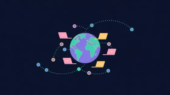 Coins travelling along dotted paths to laptops around a globe