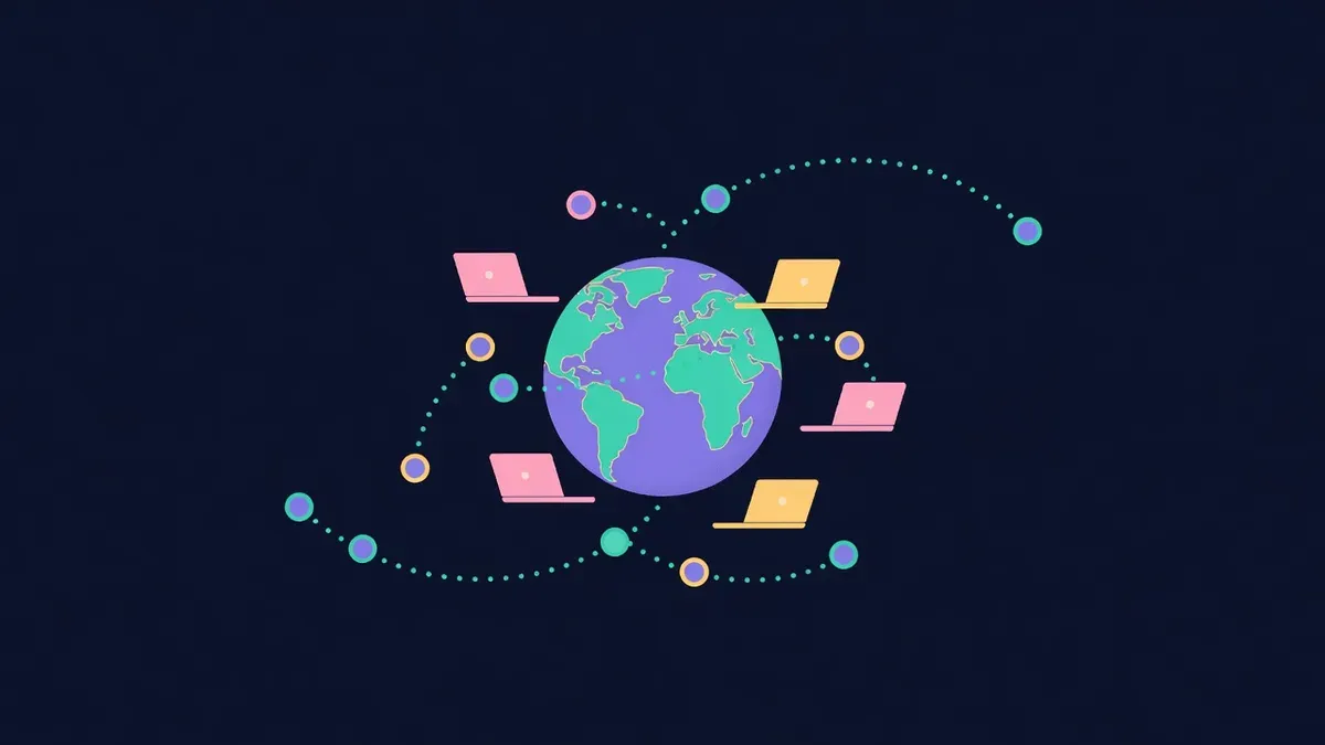 Coins travelling along dotted paths to laptops around a globe