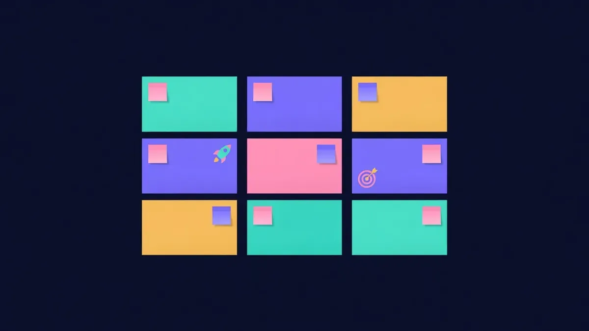 Three column planning board with sticky notes, a rocket and a target