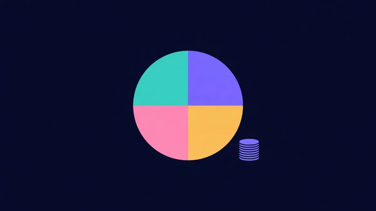 Pie chart in four segments beside a coin stack