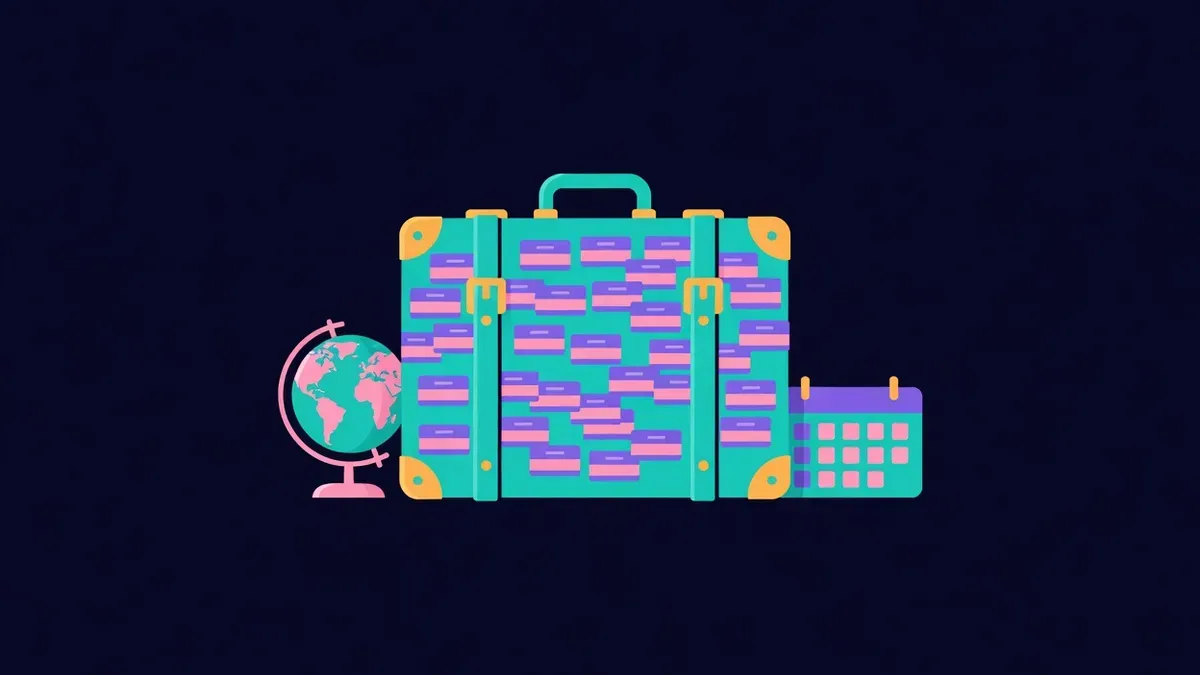 Suitcase with badge stickers next to a globe and a calendar