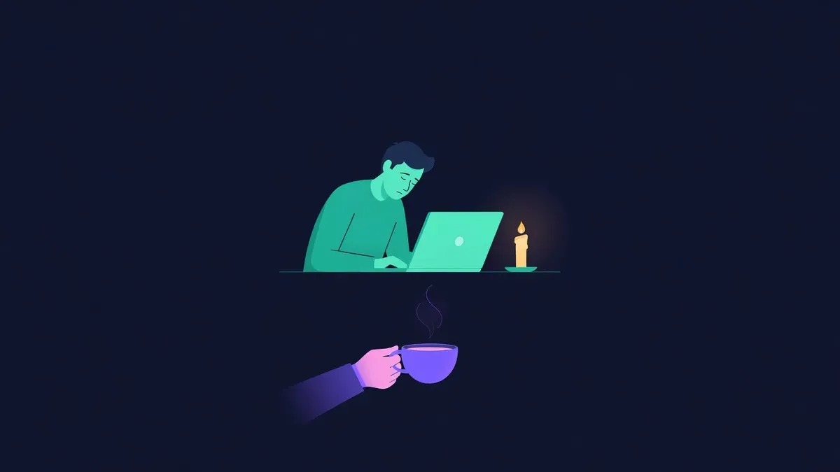 Tired figure at a laptop while another brings a cup of tea