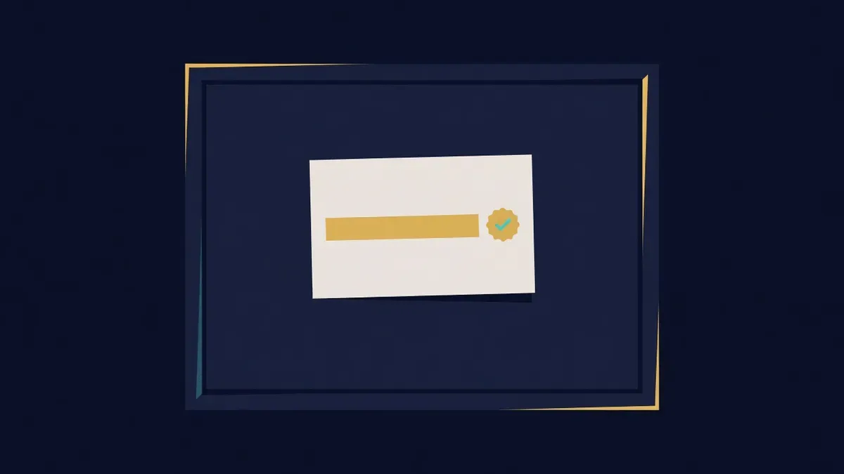Notice board with a pinned card showing an address strip and a seal