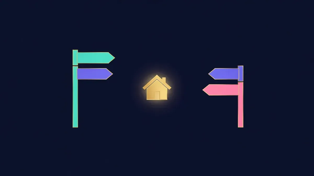 Three signposts pointing to the same glowing house