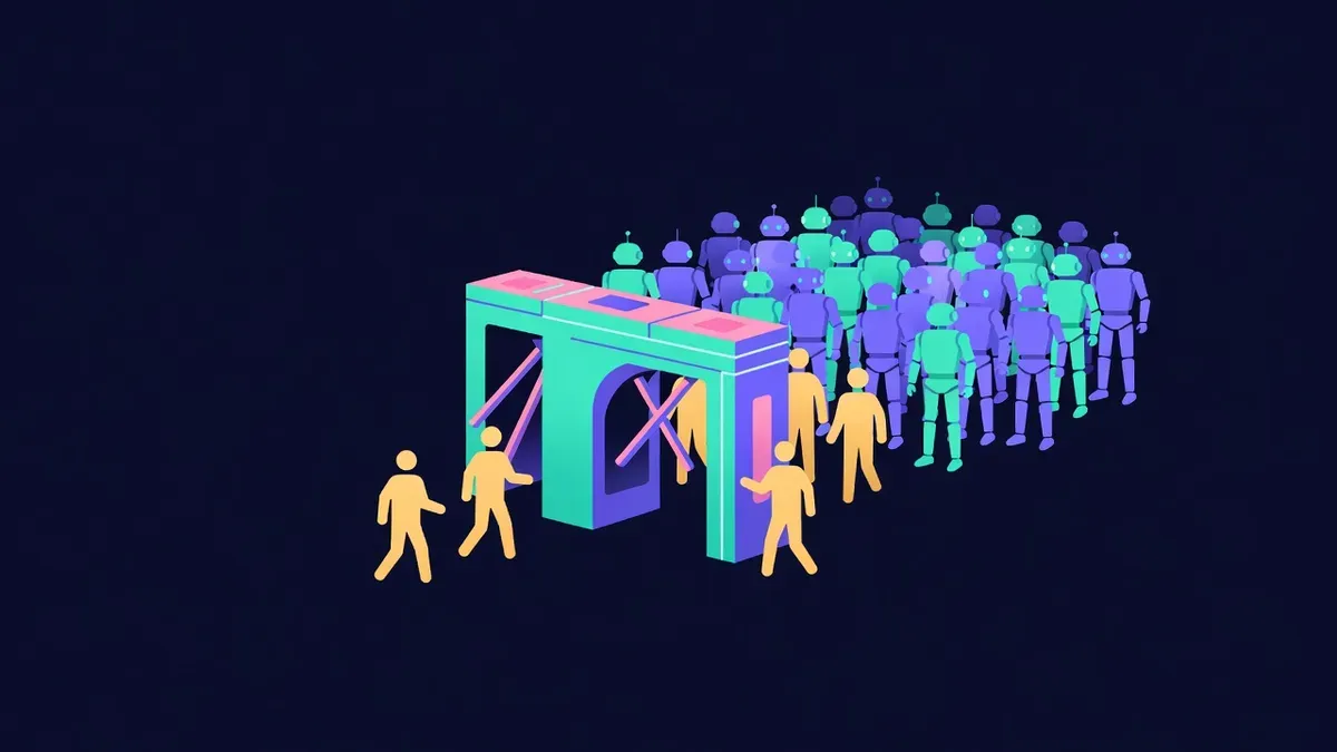 Turnstile letting figures through one by one while bots wait