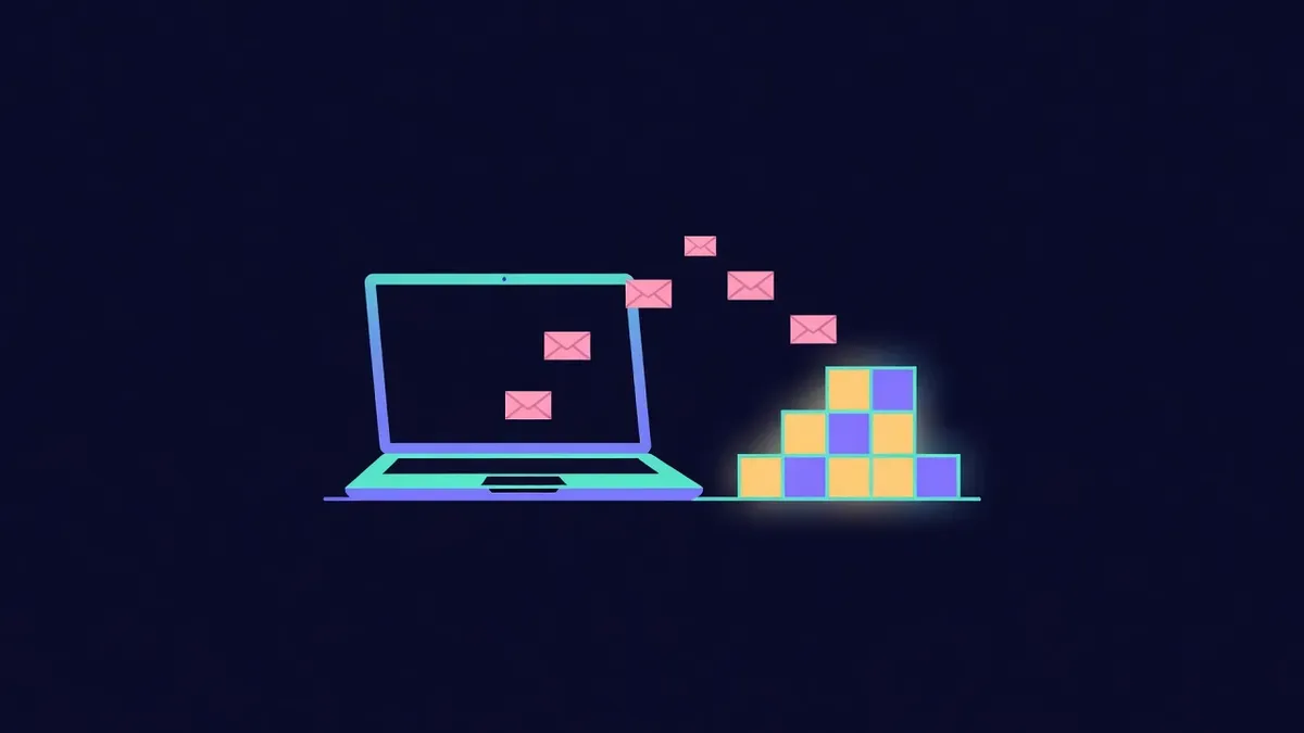 Laptop sending envelope shaped requests to a stack of glowing blocks