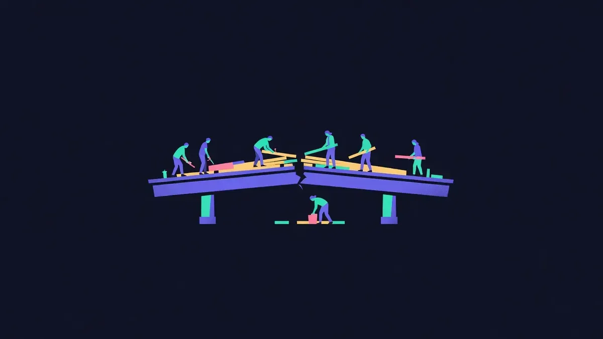 Small figures repairing a cracked bridge with new planks