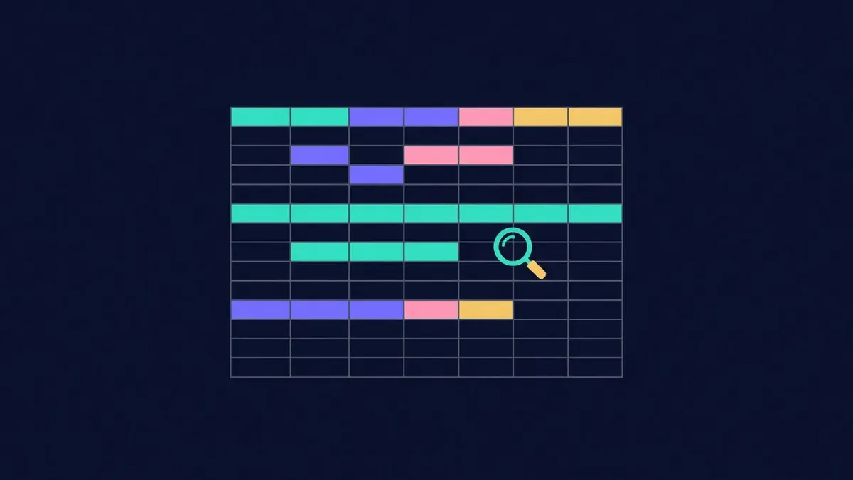Spreadsheet grid with highlighted rows and a magnifying glass